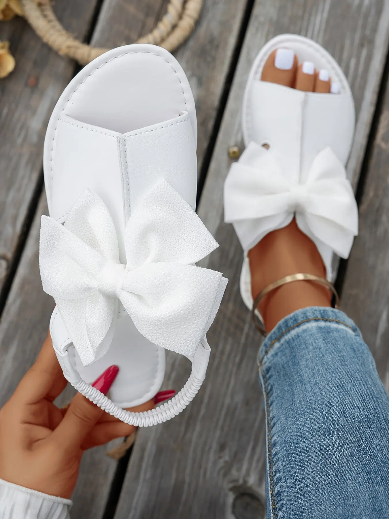 Sweet Big Bow Open Toe Sandals, Bow Slip Sandals, Cute Sandals, Princess Style Elastic Strap Flat Shoes, Comfortable Casual Women's Footwear for Daily Wear