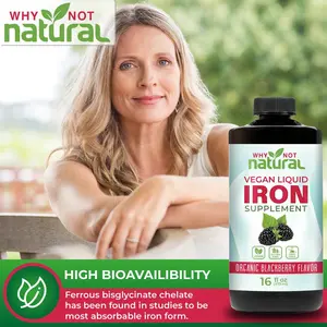 Vegan Liquid Iron Bisglycinate Chelate Supplement for Women Men Kids Organic Blackberry Flavor High Bioavailability 16 fl oz