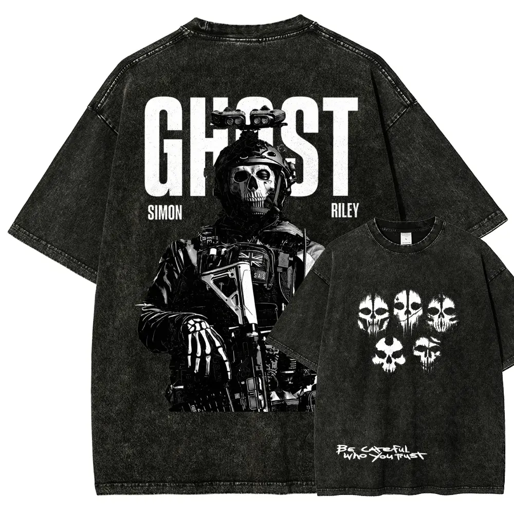 Call of Duty Ghost Inspired Simon Ghost Riley Skull Soldier Washed Black T Shirt, Tactical Military Graphic Tee with Large Back Print, Vintage Distressed Cotton Streetwear Shirt for Men, FPS Gamers, Gaming Fans, Outdoor Activities and Casual Daily Wear