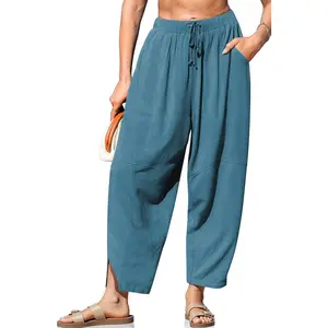 Women's Linen Harem Pants Casual Loose Fit Wide Leg Cropped Lightweight Drawstring Elastic Waist Pants with Pockets