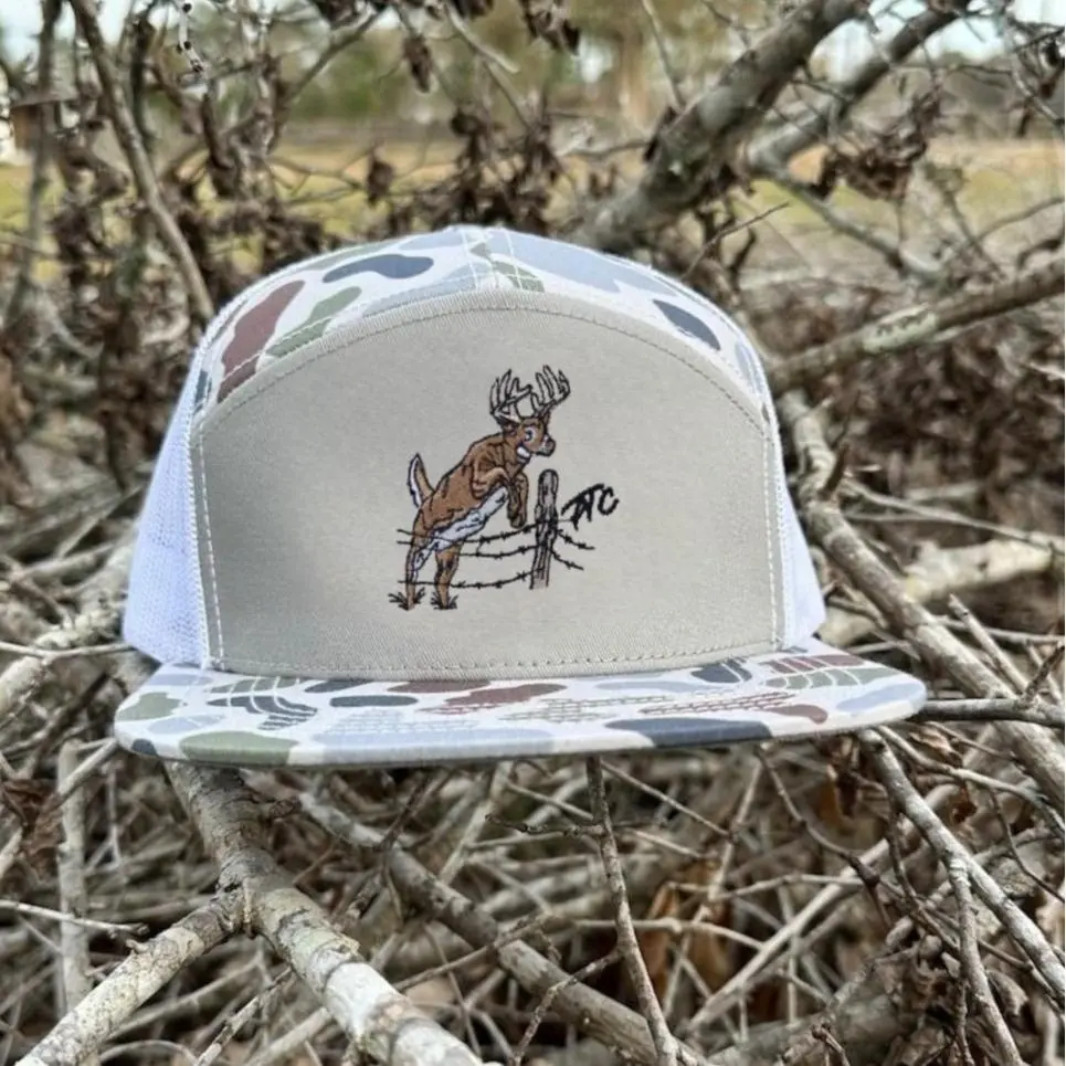 Whitetail Deer 7 Panel Hat | Fence Jump Embroidery Design | Bottomland Camo Flat Bill Trucker Cap | Hunting Mesh Snapback