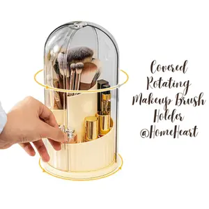 HomeHeart Covered Rotating Makeup Brush Holder with Dustproof Lid Clear Multi-Grid Design for Organized Cosmetics Perfect Gift Organizer Yellow Storage Accessories Organizing Tools