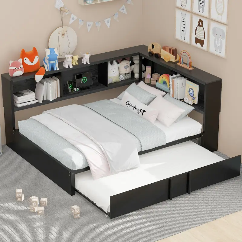 Metal Full Size Daybed with Trundle, Storage Cabinets and USB Ports, Black    RR