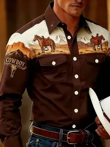 Men's Western Cowboy Patchwork Print Shirt, Vintage Workwear Pocket Long Sleeve Top, Casual High Street Style, All Seasons
