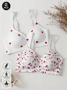 2-Pack Seamless Thin Invisible Bras, Wireless Push-Up Sports Lingerie, Medium Support, All-Over Print, Fitted, Lined, Sexy Style