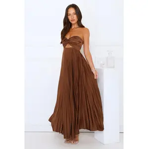 Vibes Are Priceless Strapless Satin Pleated Maxi Dress Brown