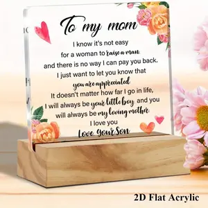 2D Flat Acrylic Plaque (4.72x5.12 in) with Wood Stand, Home Decor Signs, Mother’s Day Gift, Room Decor Keepsake for Mom from Son/Daughter for Birthday Home Office Desk