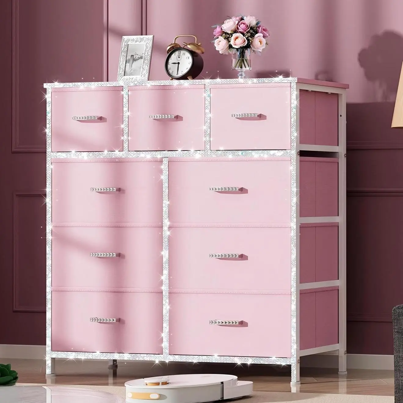 9 Pink Drawers (diamond Strips+Crystal Handles)
