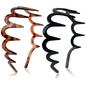 U Shape Fashion Hair Comb Headband with Teeth, High Cranium Zig Zag Headbands for Women Men Non-slip Plastic Hairbands Classic 90s Hair Accessories 2pcs (Glossy Black+Leopard)