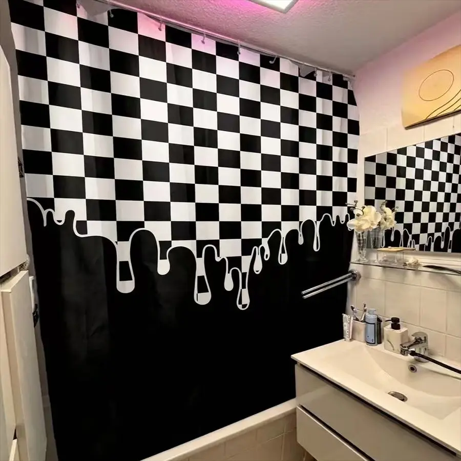 Modern Black and White Checkerboard Shower Curtain, Bathroom Shower Curtains – Melting Drips Design for Bathrooms, Modern Bathroom Decor, Perfect for Home Décor – Contemporary Geometric Art