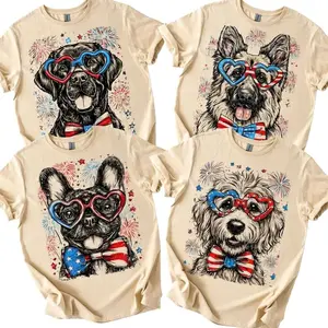 Patriotic Pups 4th of July Dog T-Shirt, 50+ Dog Breeds USA Flag Puppy Tee, Fireworks America 250th 1776-2026 Shirt, Gildan SoftStyle Women’s Graphic Tee, Dog Lover Gift ATZ
