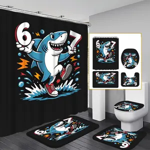 1/3/4PCS Playful Shark Shower Curtain set, Cartoon Shark and Number Bathroom Decor, Accessories with Bath Mat, U-shaped Mat, Toilet Lid Cover, 12 Hooks 180x180cm Curtain, Kids Fun, Home Decor, bathroom accessories.