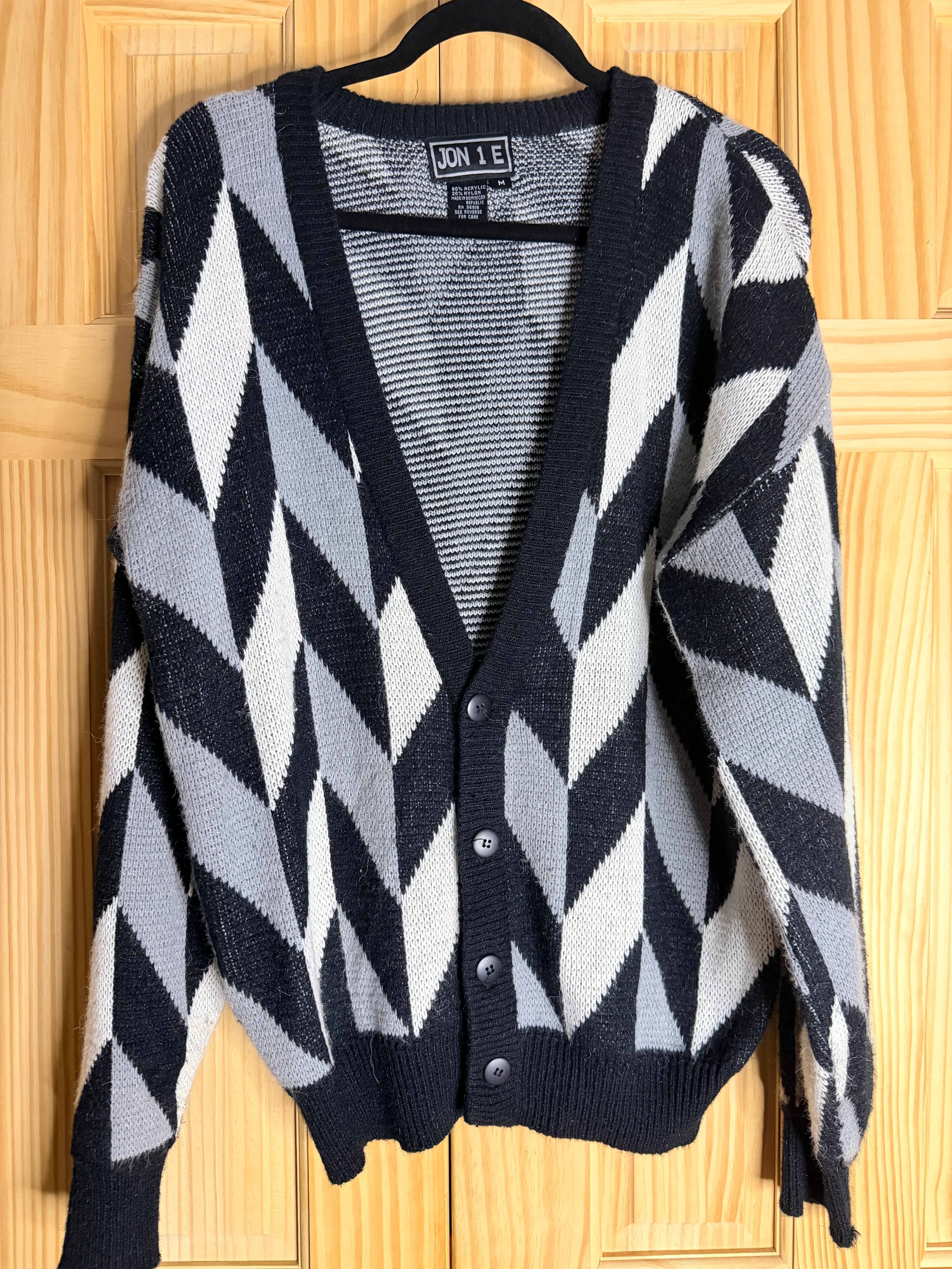 Jon 1E Black Gray Harlequin Diamond Knit Cardigan Sweater Women's Medium