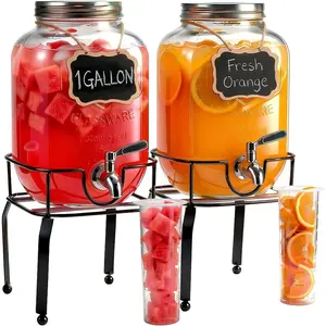 2 Pack1 Gallon Glass Drink Dispensers For Parties,Beverage Dispenser with Stand,304 Stainless Steel Spigot Leakproof,Lemonade Dispenser for Sun , Homemade Juice