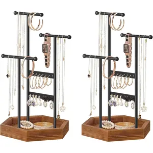 Set of 2  Holders Organizers, 3 Tiers and 1 Tray,  Display Stands with Metal Frame, Necklace Earring Bracelet Holder, for Rings, Ink Black and Caramel Brown UJJS03CB-2J