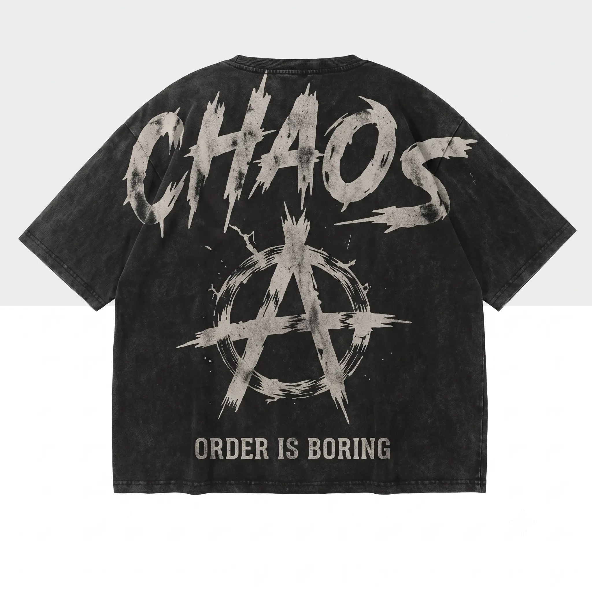CHAOS Order Is BoringVintage Washed Big BackGraphic Tee, Men OversizedDrop-Shoulder Dark GrungeStreetwear T-Shirt,Customizable