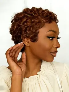 6 Inches Human Hair Short Pixie Cut Wig with Loose Curls and Bangs, Full Machine-Made Casual Style Wig for Women Daily Wear Human Hair Wigs