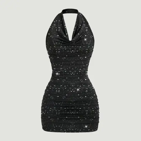 Women's Spring/Summer Knit Halter Sleeveless V-Neck Backless Bodycon Fit Dress, Party & Date Wear, Chic Trendy Elegant Dress