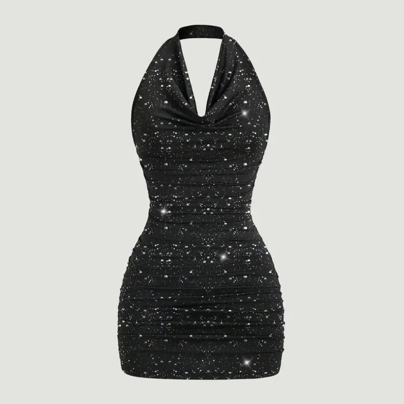 Women's Spring/Summer Knit Halter Sleeveless V-Neck Backless Bodycon Fit Dress, Party & Date Wear, Chic Trendy Elegant Dress