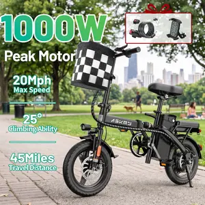 ASKMY E14 Urban Folding Electric Bike, 1000W Peak Motor, Up to 45 Miles Long Range | 14" Tubeless Tires, Dual Disc Brakes | UL Certified Removable Battery, Lightweight Compact Design for Urban Riding