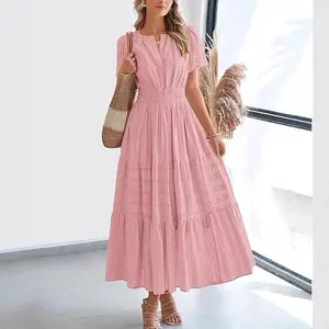 Women's Korean-Style Casual Wear Polyester Fabric Dress - V-Neck, Short Puff Sleeves, Pleated, Layered, Large Swing Design