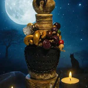 Moon Water Stash Jar - Hand-Sculpted Clay Vessel with Full Moon-Charged Quartz Crystal Cluster & Wooden Beads for Lunar Cleansing & Rituals