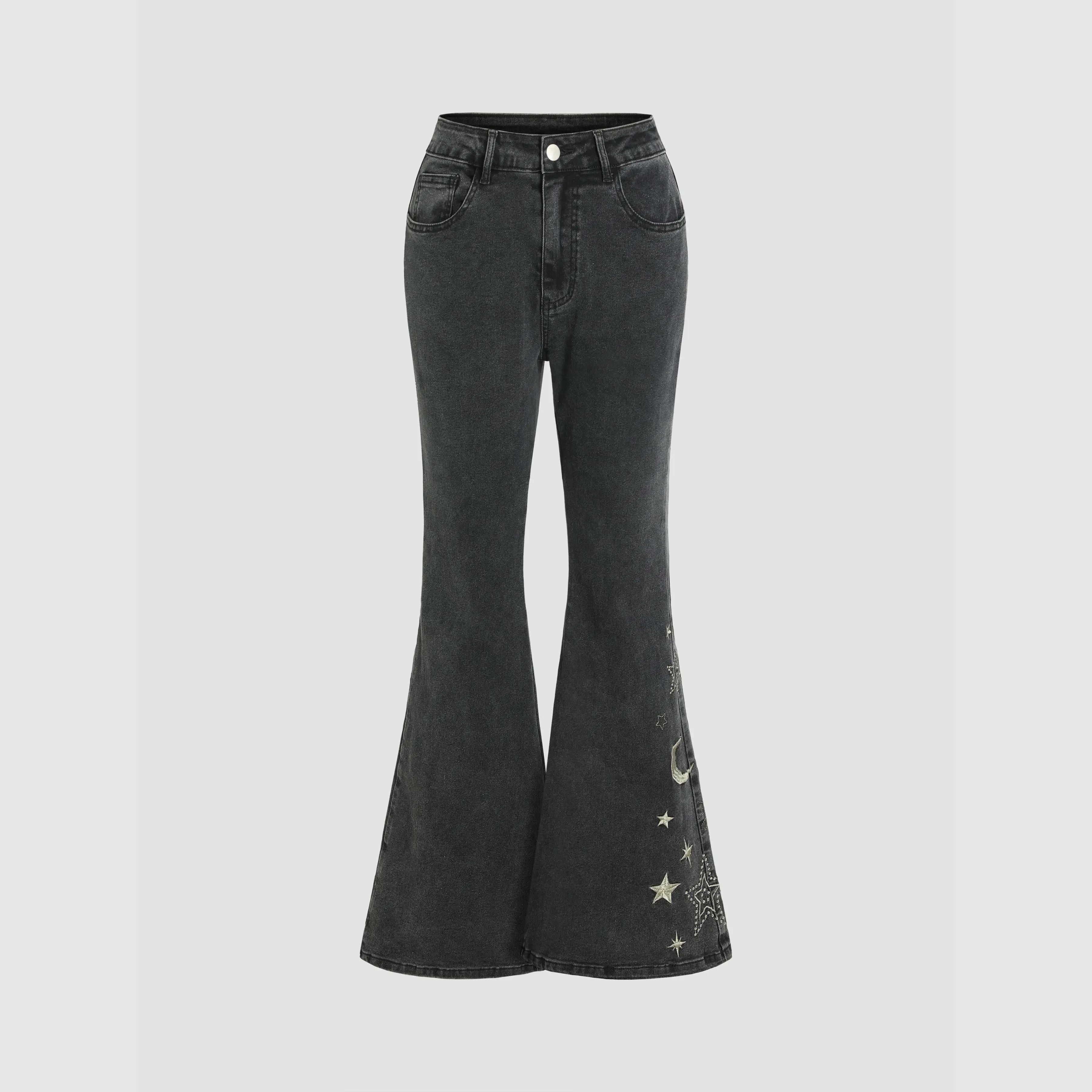 Cider High Stretch Denim High Rise Star Flared Jeans, Bottom, Women