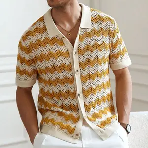 Men's Openwork Knit Button-Down Shirt, Wave Pattern Short Sleeve for Beach & Everyday fathersdaygiftideas