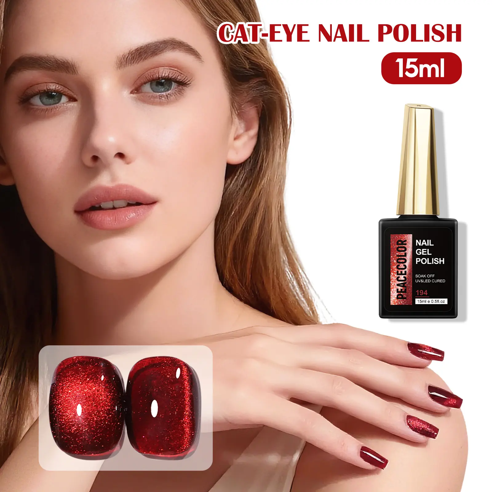 PEACECOLOR 1Pcs 15ml Cat Eye Gel Nail Polish Kit Red Pink Green Shades for Salon Manicures & At-Home DIY Nail Art