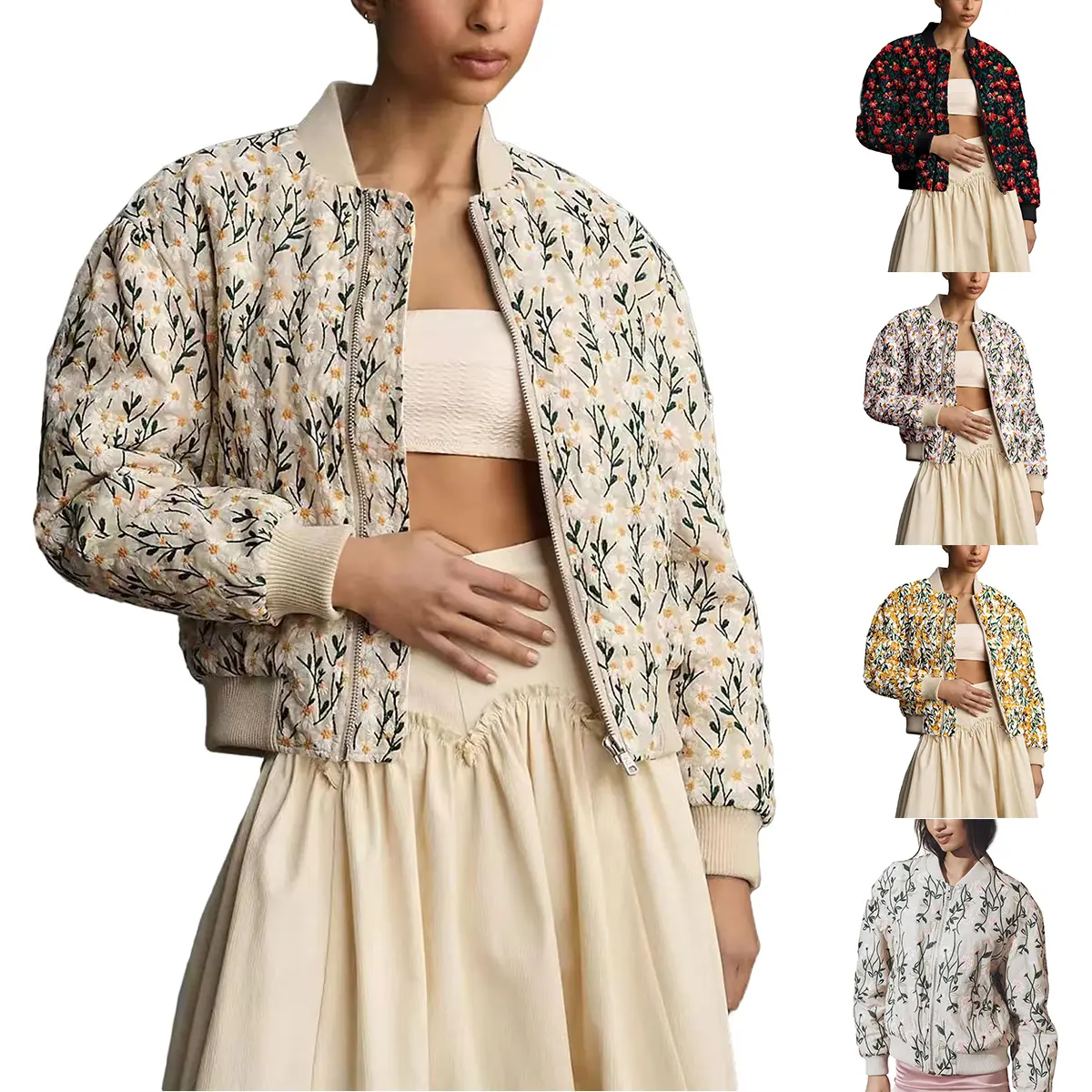 Naeduo Women's Embroidered Daisy Cropped Bomber Jacket Long Sleeve Quilted Puffer Jackets Padded Coat Outerwear FallFreshness