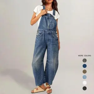 Womens Denim Bib Overalls Barrel Leg Adjustable Strap Jean Pants Jumpsuits with Pockets