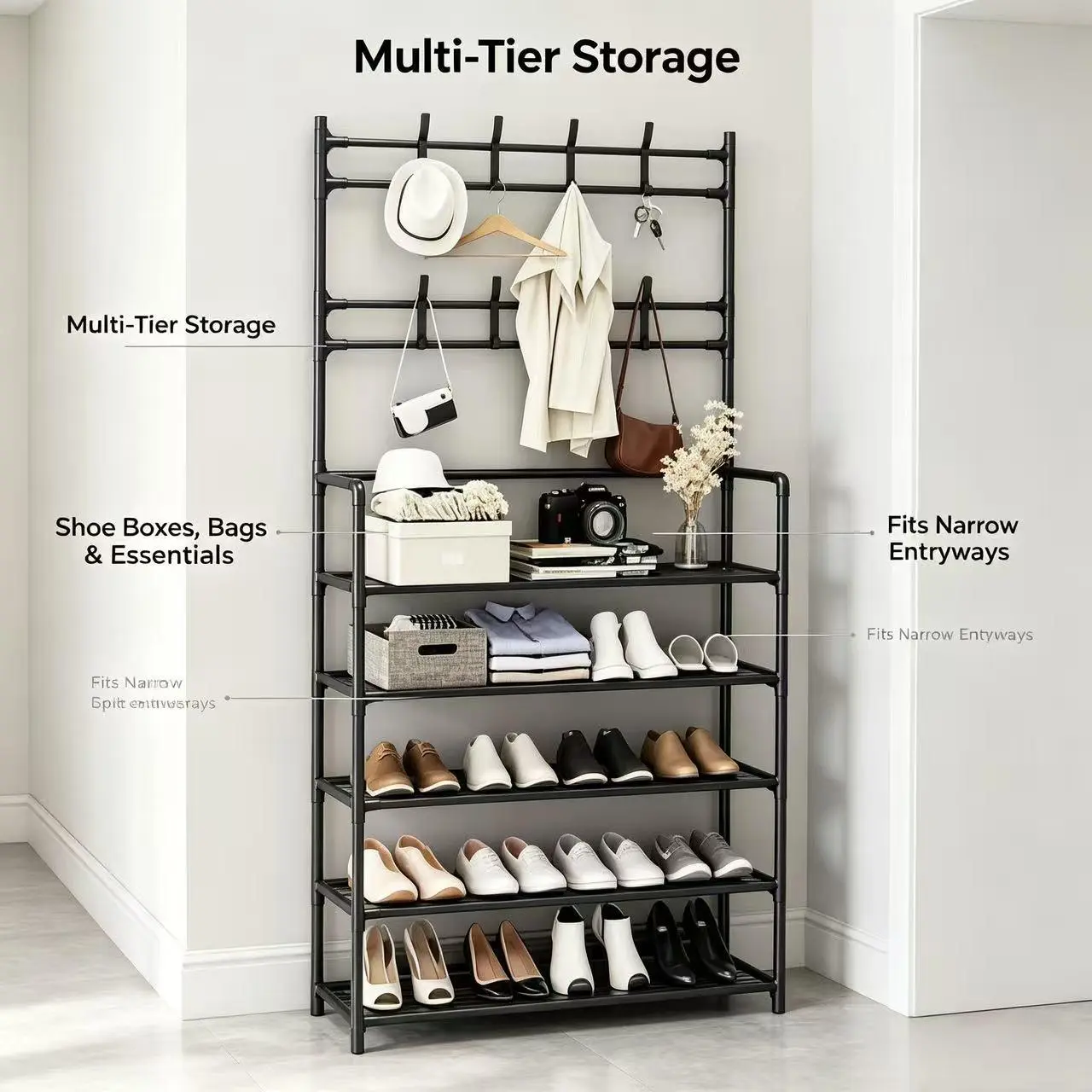 Multi-Function Shoe Rack Organizer - Entryway Coat & Storage Rack, 5-Tier for 20+ Pairs, Top Hooks for Coats, Hats, Daily Use Bags, Slim Fit, Sturdy ABS Plastic Frame, Black & White Options, Minimalist Decluttering Solution