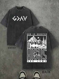 Vintage God Is Greater Than The Highs And Lows Mountain Cross Christian T-Shirt, Washed Black Cotton Oversized Short Sleeve Tee, Front Back Symbol Faith Casual Crewneck Shirt