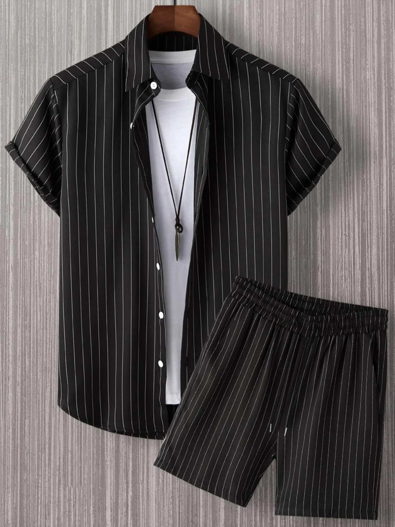 Men's Striped Print Button Front Shirt & Drawstring Shorts Set, Regular Fit Casual Short Sleeve Collared Top & Shorts, Summer, Clothes