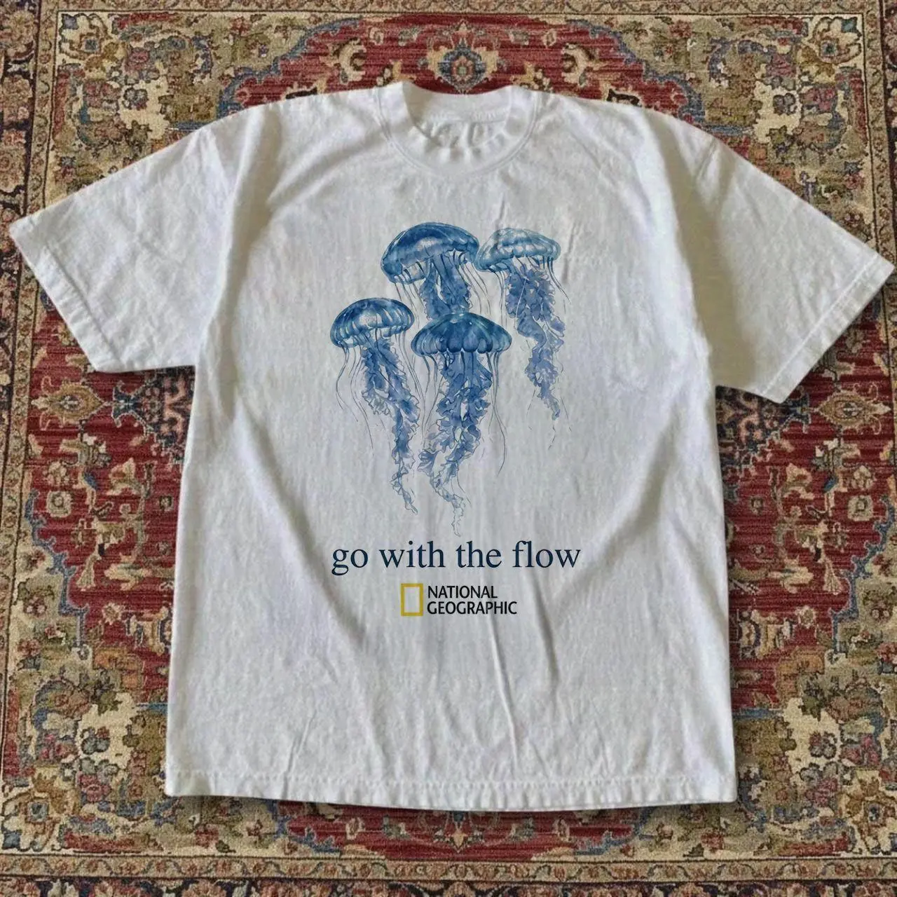 Go With The Flow Blue Jellyfish T-Shirt | Vintage National Geographic Ocean Graphic Tee Summer Top Casual