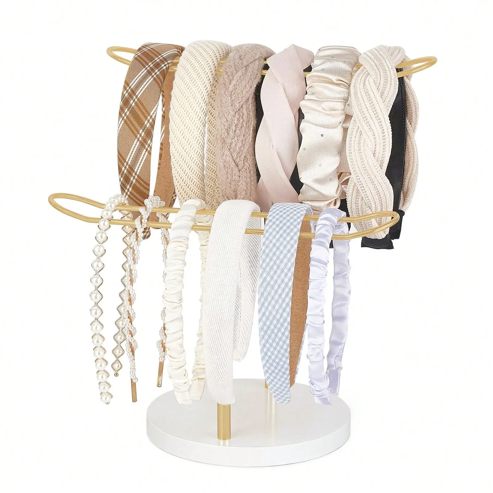 Headband Holder Organizer Metal 2-Tier Hair Hoop Display Stand Headband Organizer Storage Hair Ropes Accessories Bracelets Bangles Bedroom College Dorm Decor For Girls Women, Gold