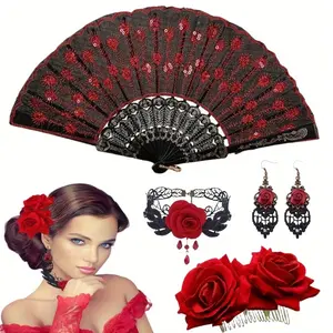 4 pcs Women Halloween Flamenco Accessories including Rose Flower Hair Clip, Embroidered Sequins Fabric, Handheld Folding Fan, Choker Earrings Fashion Accessories