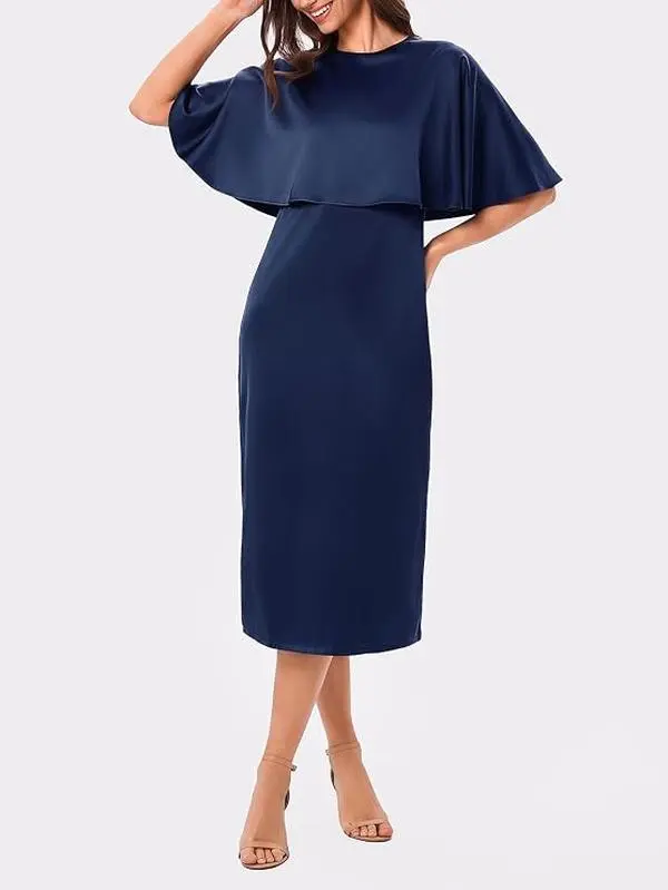 EZAPINE Women’s Summer Wedding Guest Dress – Formal Satin Dress with Cape Sleeves, Bodycon Dresses, Cocktail Party Maxi Dresses