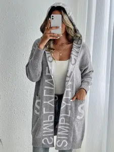 Women's Casual Knitted Hooded Top - 2026 New Sheer Long-Sleeve Cardigan with Unique Letter Print, Double Pockets, Multi-Size Clothes for Fall Outfits (Casual Women's Knitwear)