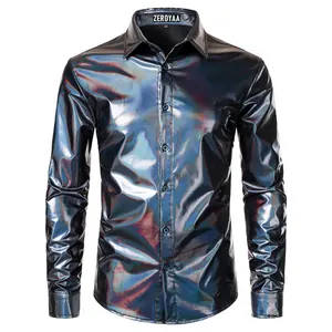 ZEROYAA Men's 70s Disco Button Down Shirt Shiny Metallic Long Sleeve Costume for Party Prom