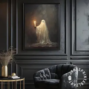 Cute Small Ghost Holding Candle Victorian Panting Printable, Dark Academia Room Decor Poster, Spooky Halloween Ghost