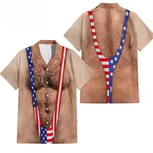 Humorous 4th of July Hairy Torso Graphic Hawaiian Shirt, Patriotic Gag Gift Men Short Sleeve