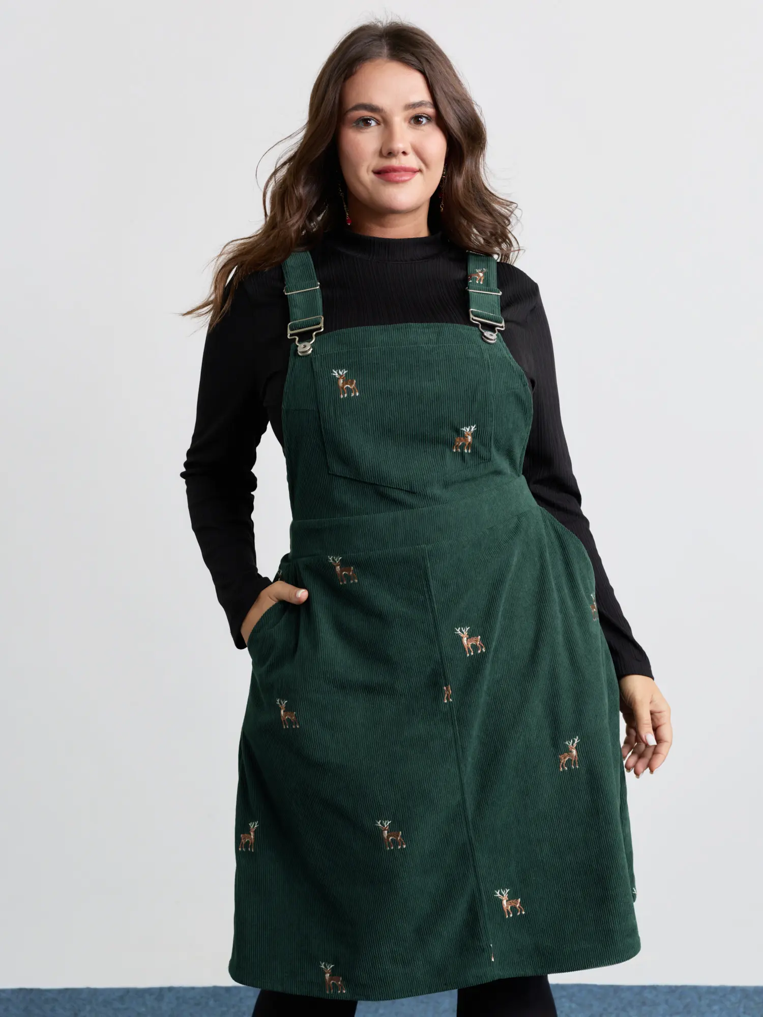 BLOOMCHIC Lady's Corduroy Embroidered Sleeveless Knee-Length Dress - Adjustable Straps, Casual Boho Bohemian, Dark Green, Flattering Fit, Pocketed, Summer Casual Women's Dress for Swimweek, Spotlight,Summerfinds