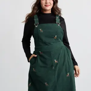 BLOOMCHIC Corduroy Embroidered Adjustable Straps Knee Dress Fit Casual Wear Print Womenswear Women parijan outfits thanksgiving outfits for women birthday dress