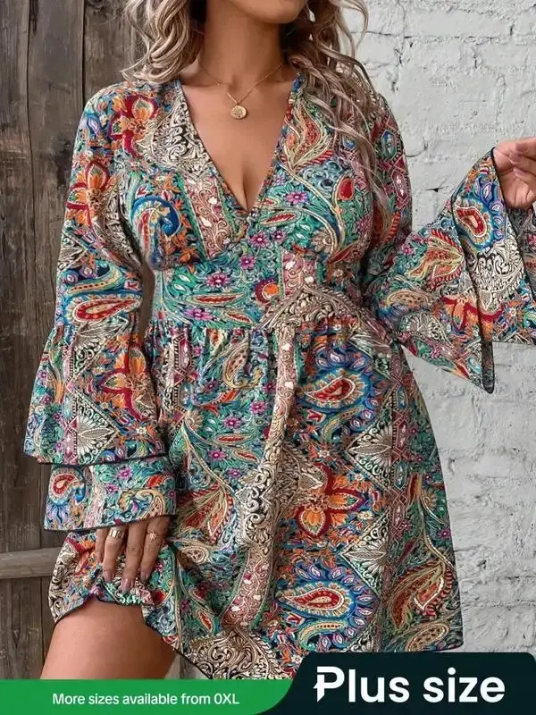 Women's Bohemian Longsleeve VNeck Dress for Fall Winter Casual Loose Flowy Boho Dresses Women Fashion Fall Winter Outfits 2024 New Arrival