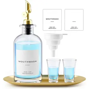 Mouthwash Dispenser, 16oz Glass Mouthwash Decanter for Bathroom, Mouth Wash Container Mouthwash Bottle with Pour Spout,  Mouthwash Dispenser Set with Cups and  Tray