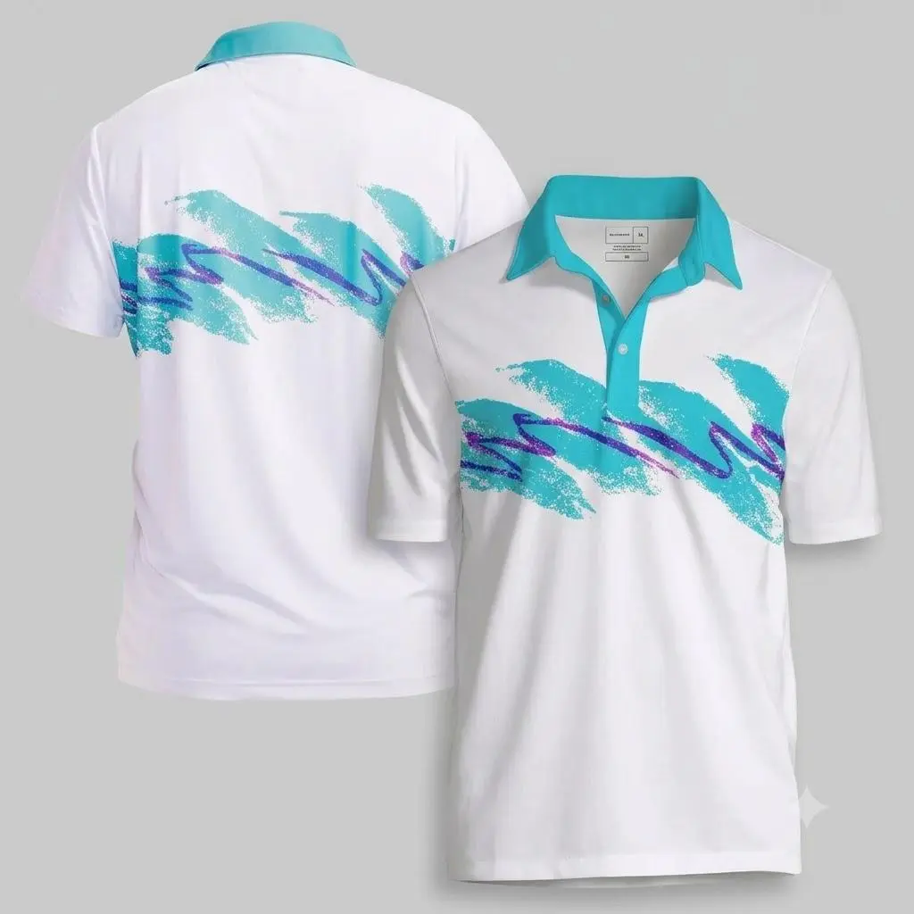 Mens 90s Retro Polo Shirt - Vintage Abstract Wave Printed Short Sleeve Graphic Golf Shirt