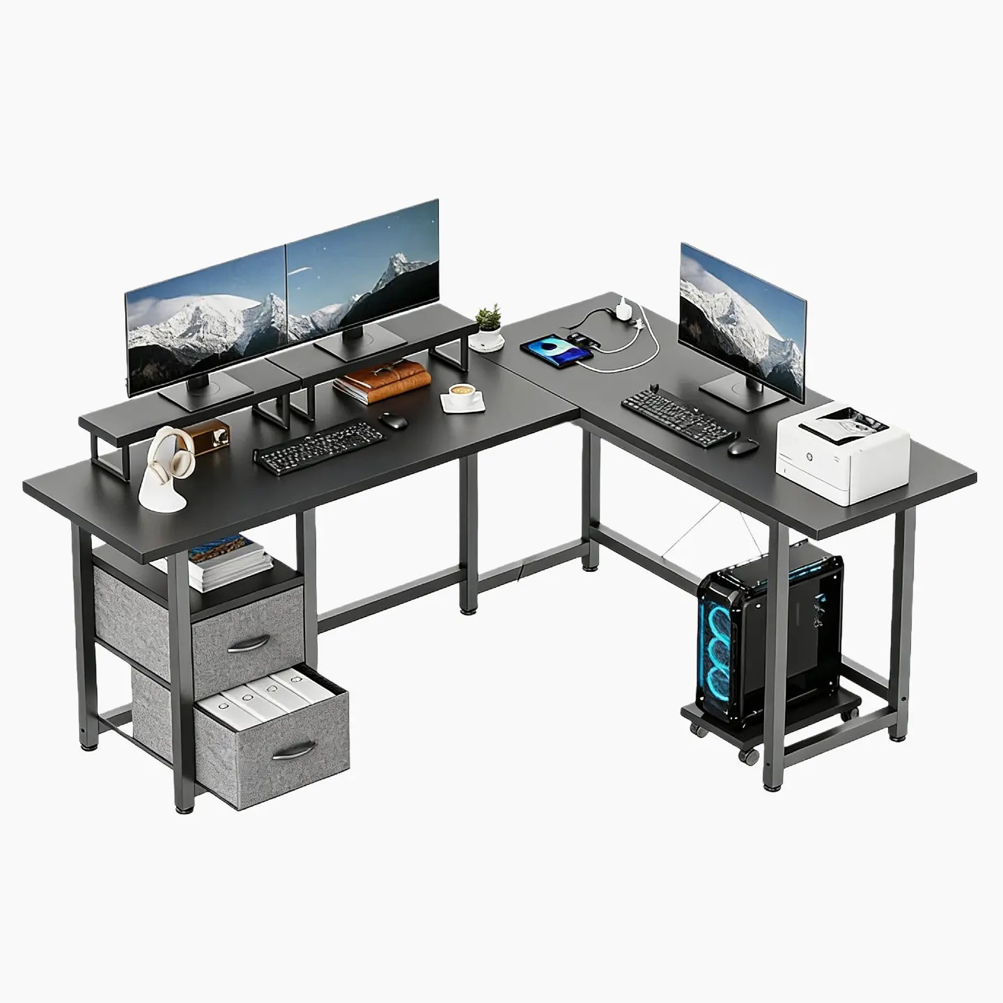 Gizoon L-Shaped Desk with Power Outlets, 66" Office Desk with Shelves and Monitor Stands, Gaming & Home Office Workstation, Black