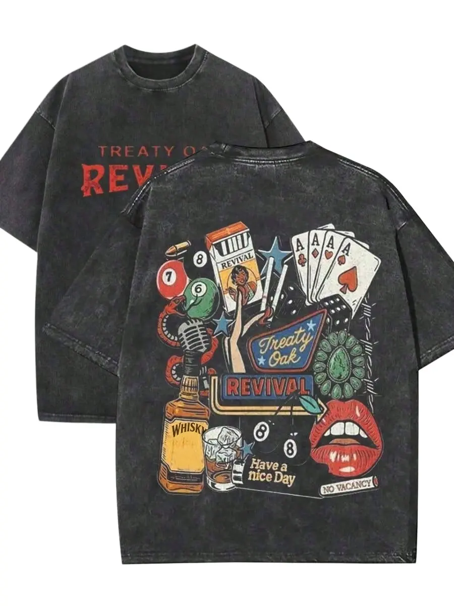 Men's Short-Sleeve 100% Cotton Unisex Retro Western Collage Poker Whisky Graphic T-Shirt - Front & Back Print, Vintage Washed, Oversized, Grunge Bar Art Streetwear Casual Top