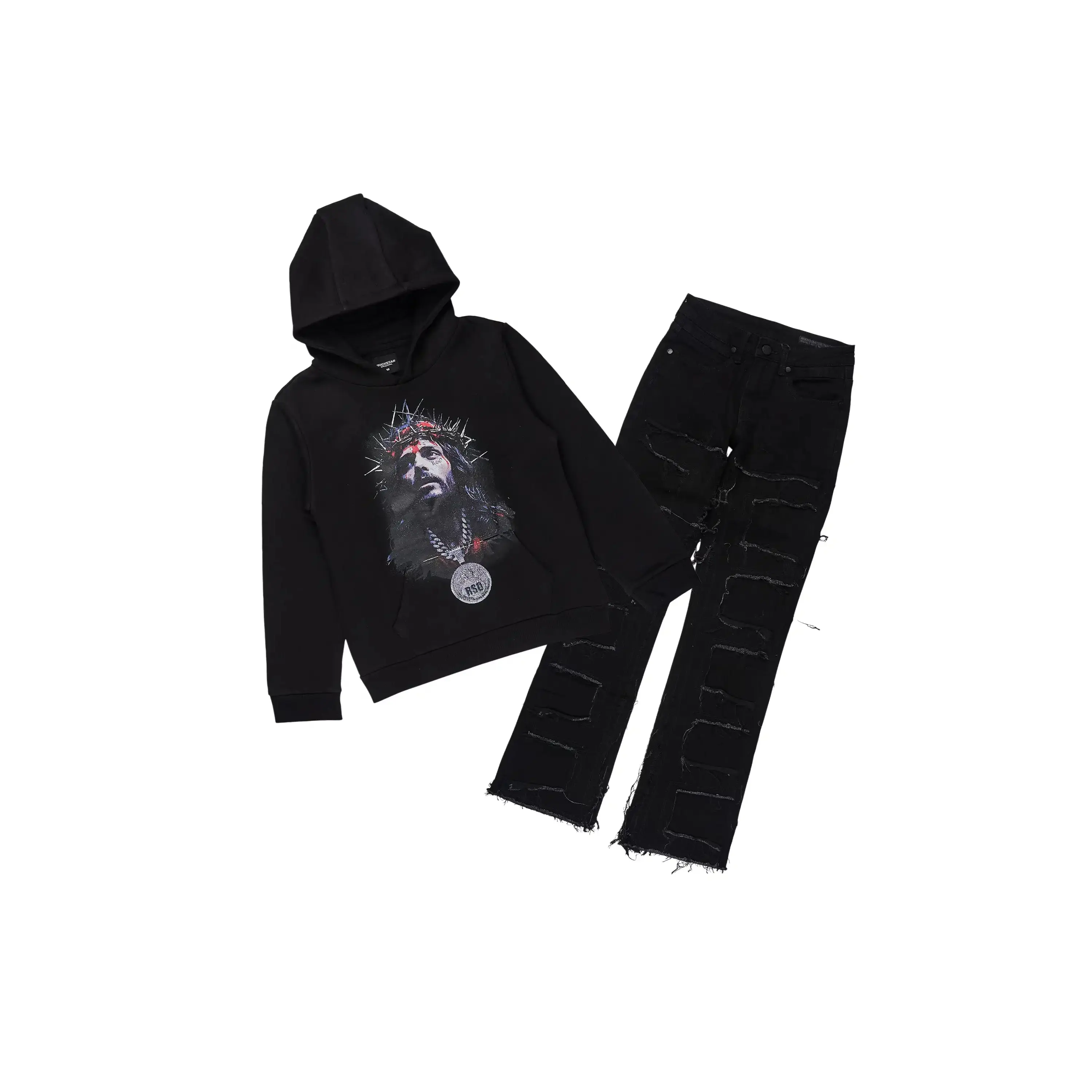 Boys Amina Black Hoodie & Shake Black Stacked Jean Set
